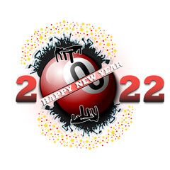 Happy new year. 2022 with billiard ball, player and fans. Original template design for greeting card, banner, poster. Vector illustration on isolated background