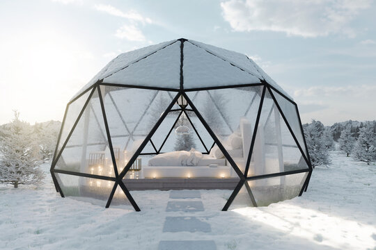 3d rendering of geodesic dome hut with glass panels in the morning light