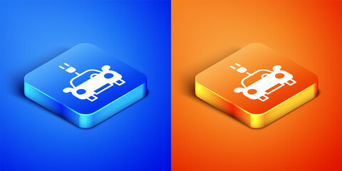Isometric Electric car and electrical cable plug charging icon isolated on blue and orange background. Renewable eco technologies. Square button. Vector