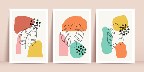 Botanical wall art vector set. Boho foliage line art drawing with abstract shapes. Abstract Plant Art design for print, cover, wallpaper, Minimal and natural wall art.