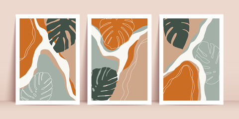 Botanical wall art vector set. Boho foliage line art drawing with abstract shapes. Abstract Plant Art design for print, cover, wallpaper, Minimal and natural wall art.