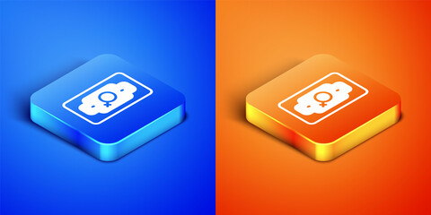 Isometric Money growth woman icon isolated on blue and orange background. Income concept. Business growth. Investing, savings and managing money concept. Square button. Vector