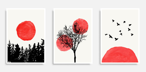 Boho poster set. Hand drawn shapes, trees and birds.
