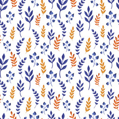 Leaves in doodle style. Watercolor illustration. Seamless floral background, cute watercolor pattern.