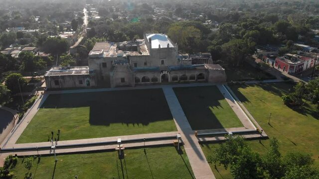 Aerial view of Convent de San Bernardino de Siena in colonial town of Valladolid, Yucatan, Mexico. High quality 4k footage