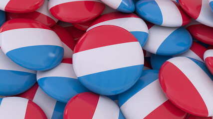 3d rendering of a lot of badges with the flag of Luxembourg.