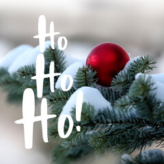 White Christmas with red Christmas balls and funny Santa Claus saying, typography Ho, ho, ho!