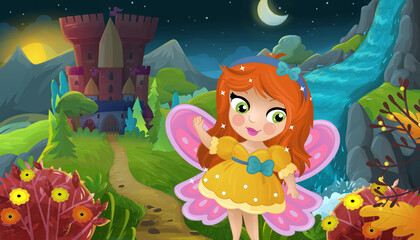 cartoon scene with nature forest princess and castle