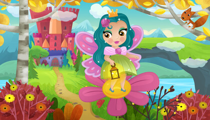 cartoon scene with nature forest princess and castle