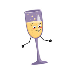 Glasses of sparkling wine character with happy emotion, joyful face, smile eyes, arms and legs. Alcohol man for Christmas and New year. Vector flat illustration