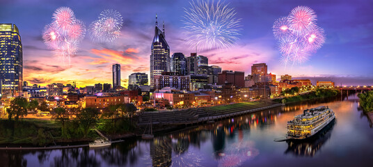 Nashville skyline with sunset and fireworks