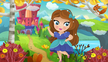 cartoon scene with nature forest princess and castle