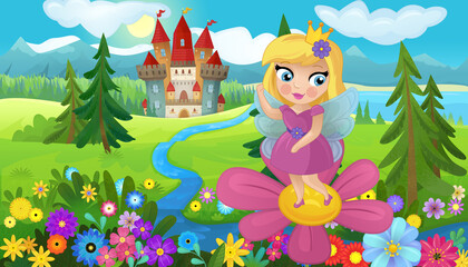 Fototapeta na wymiar cartoon scene with nature forest princess and castle