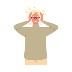 A flat vector illustration of an elderly woman who is dizzy. Dizziness and severe headache. Isolated design on a white background.