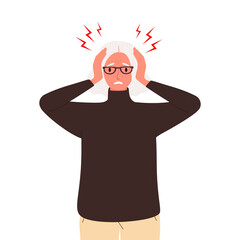 A flat vector illustration of an elderly woman with her head in his hands due to pain or stress. Isolated design on a white background.