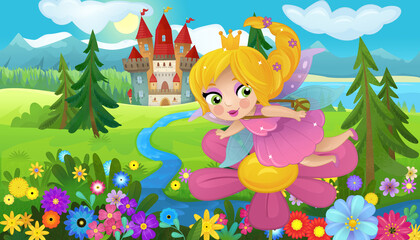 cartoon scene with nature forest princess and castle