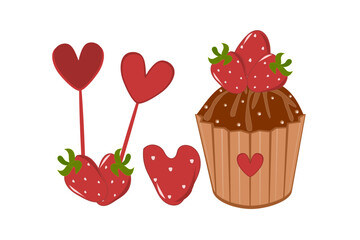 Valentine's day, picture with hearts, cupcake, berry, candy, color illustration on a white background, for print, design, postcards