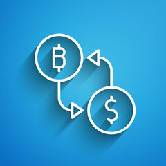 Fototapeta premium White line Cryptocurrency exchange icon isolated on blue background. Bitcoin to dollar exchange icon. Cryptocurrency technology, mobile banking. Long shadow. Vector