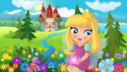 Plakat cartoon scene with nature forest princess and castle