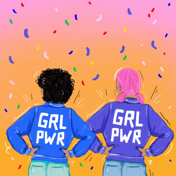 two girls wearing a grl pwr jacket
