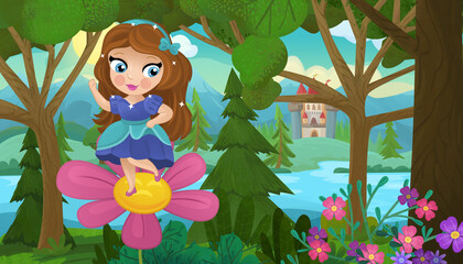 cartoon scene with nature forest princess and castle