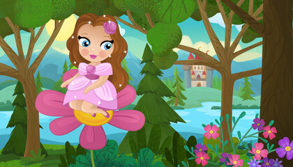Naklejka premium cartoon scene with nature forest princess and castle