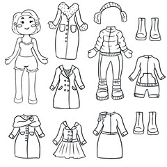 Vector design for postcard backgrounds and fabrics.Doll and clothes set
