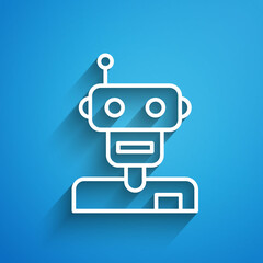 White line Robot icon isolated on blue background. Long shadow. Vector
