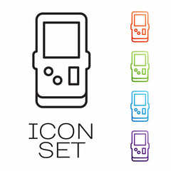 Black line Portable tetris electronic game icon isolated on white background. Vintage style pocket brick game. Interactive playing device. Set icons colorful. Vector
