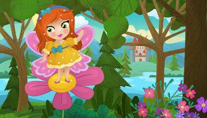 Obraz premium cartoon scene with nature forest princess and castle