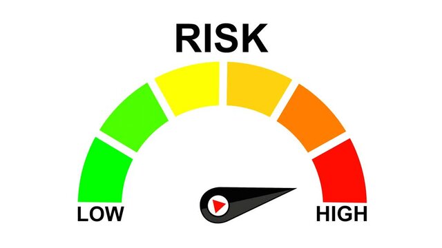Risk speedometer icon or sign of different colors with black arrow. Motion graphic 60 FPS Blue Background Removable