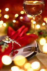 Traditional Christmas table place setting. Holidays background.