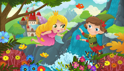 cartoon scene with nature forest princess and castle