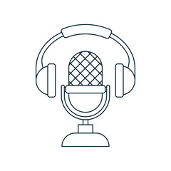 Podcast icon. Microphone and headphones. Outline symbol. Vector illustration in sketch style  isolated on white background. 