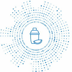 Blue line Cocktail shaker with lime icon isolated on white background. Abstract circle random dots. Vector
