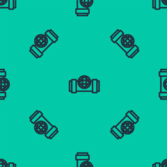Blue line Industry metallic pipes and valve icon isolated seamless pattern on green background. Vector