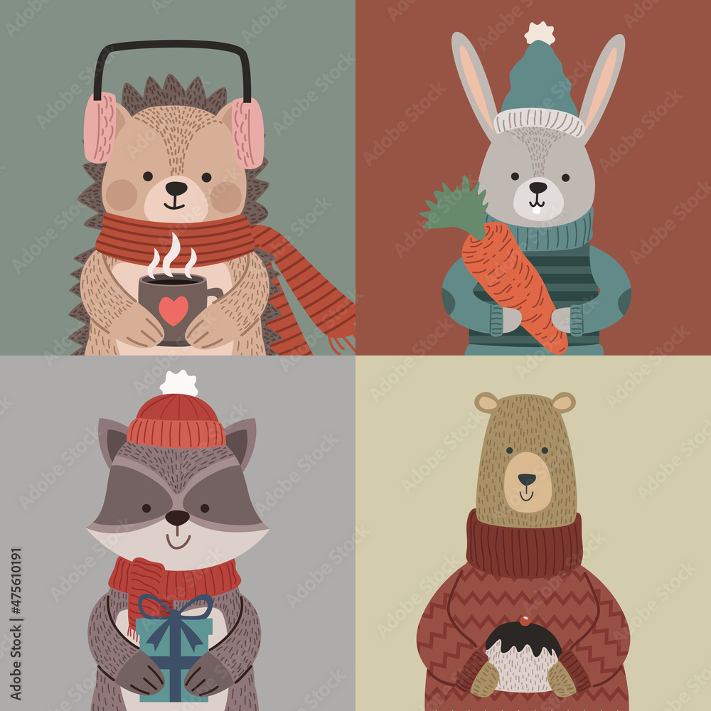 Poster four animals wearing winter clothes