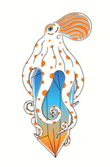 Line art healing crystal with an octopus wrapped around it. Magical life energy