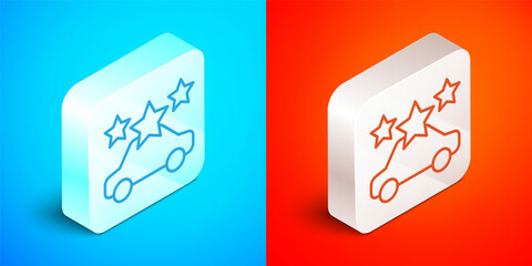 Isometric line Car sharing icon isolated on blue and red background. Carsharing sign. Transport renting service concept. Silver square button. Vector
