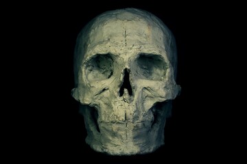 High definition sculpture of a human skull on a black background