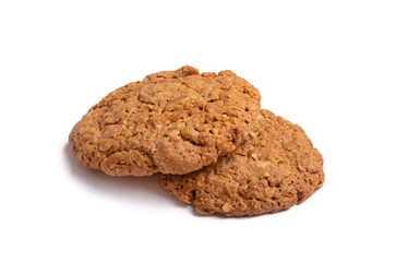 Oat vanilla sugar cookies isolated on white background. Close-up view of brown yellow snacks. Macro shot of beige biscuit cakes for your design