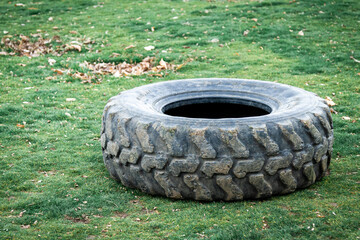 Big worn out tire on the grass. Big truck tire. Old used tractor tires on the green meadow