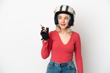 Young caucasian woman with a motorcycle helmet isolated on white background intending to realizes the solution while lifting a finger up