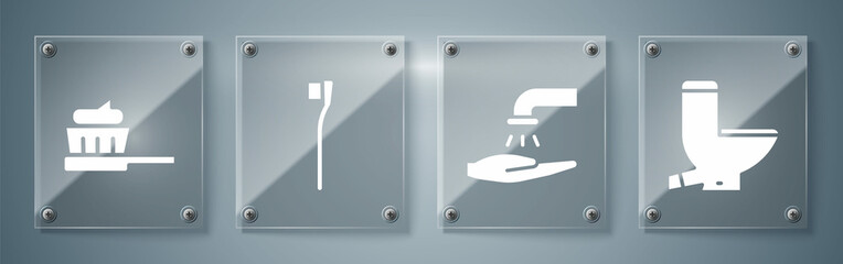 Set Toilet bowl, Washing hands with soap, Toothbrush and Toothbrush with toothpaste. Square glass panels. Vector