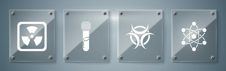 Set Atom, Biohazard symbol, Test tube and flask chemical and Radioactive. Square glass panels. Vector