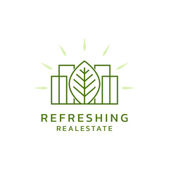 Minimalist logo for refreshing real estate featuring a green leaf and city buildings symbolizing eco-friendly properties.