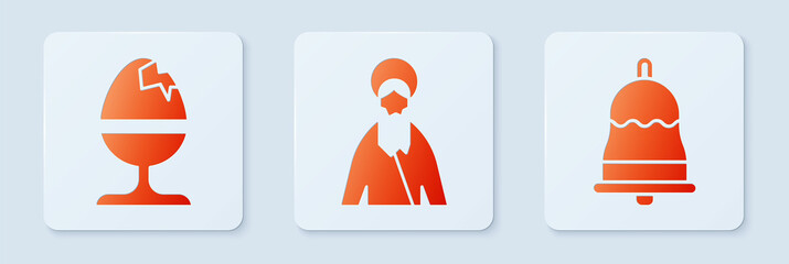 Set Jesus Christ, Chicken egg on a stand and Ringing bell. White square button. Vector