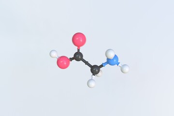 Glycine molecule made with balls, scientific molecular model. 3D rendering