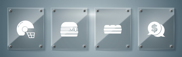 Set Coin money with dollar, Sandwich, Burger and American football helmet. Square glass panels. Vector