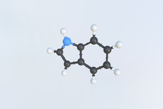 Molecule of indole, isolated molecular model. 3D rendering